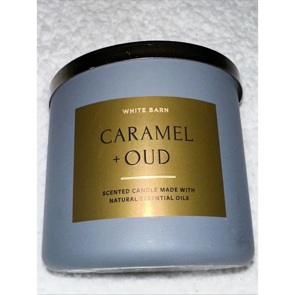 White Barn Bath & Body Works Caramel + Oud 3-Wick Scented Candle 14.5 oz Gold